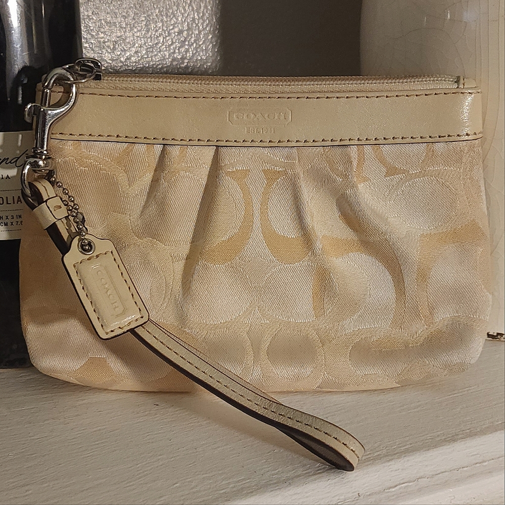 COACH Monogram Cream, White, Tan Wristlet w/ Leather Trim